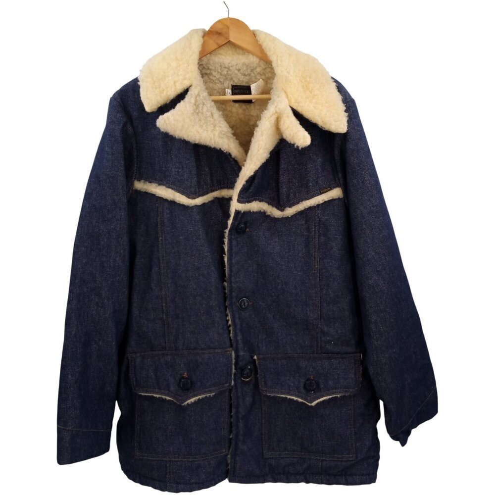 Vintage Sears Roebucks Denim Chore Coat Size 44 T 70s Sherpa Rancher Western